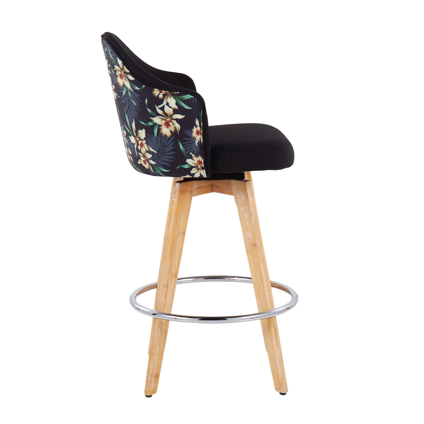 Ahoy Contemporary Fixed-Height Counter Stool with Natural Bamboo Legs and Round Chrome Footrest with Black Fabric Seat and Floral Print Accent By LumiSource - Set of 2 | Counter Stools | Modishstore - 6
