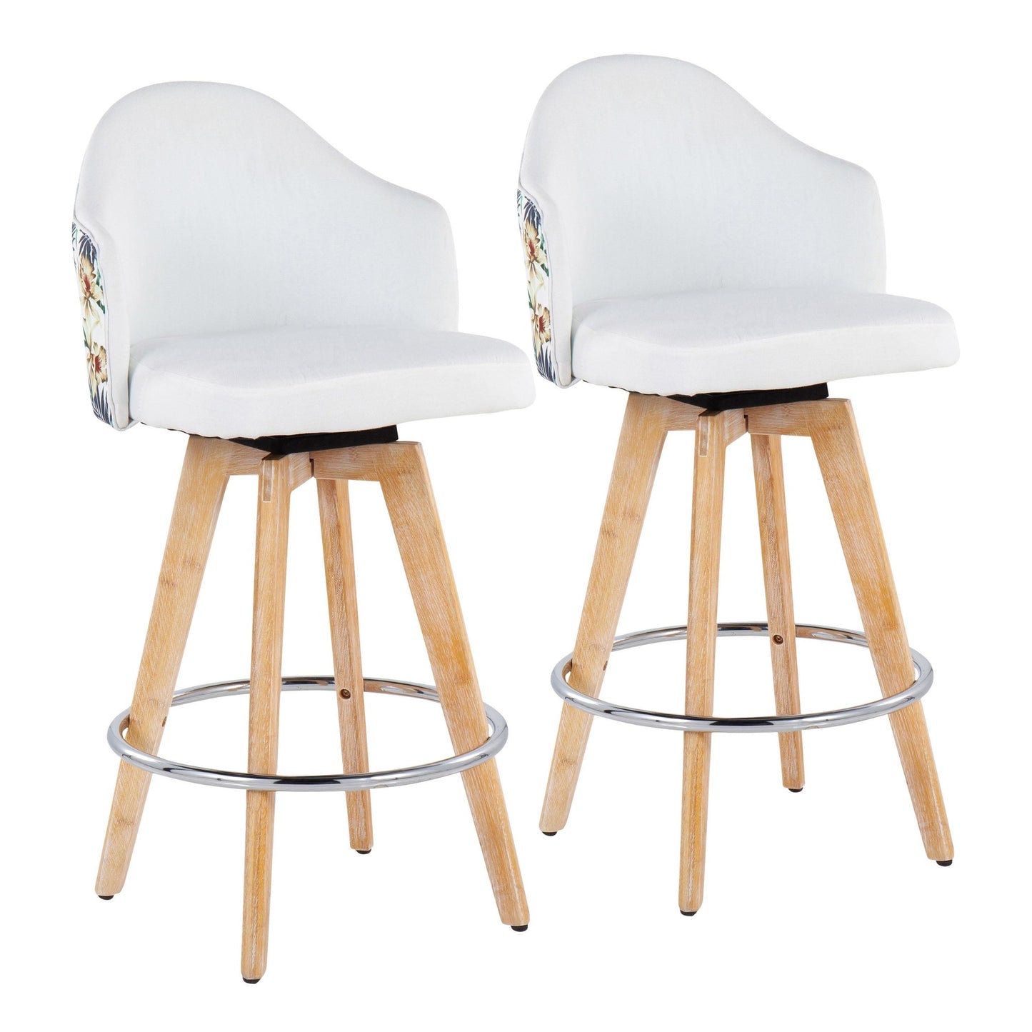 Ahoy Contemporary Fixed-Height Counter Stool with Natural Bamboo Legs and Round Chrome Footrest with Black Fabric Seat and Floral Print Accent By LumiSource - Set of 2 | Counter Stools | Modishstore - 9