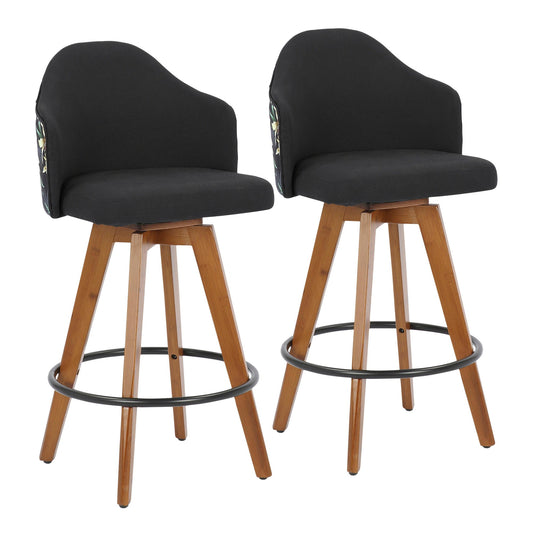 Ahoy Contemporary Fixed-Height Counter Stool with Walnut Bamboo Legs and Round Black Metal Footrest with Black Fabric Seat and Floral Print Accent By LumiSource - Set of 2 | Counter Stools | Modishstore
