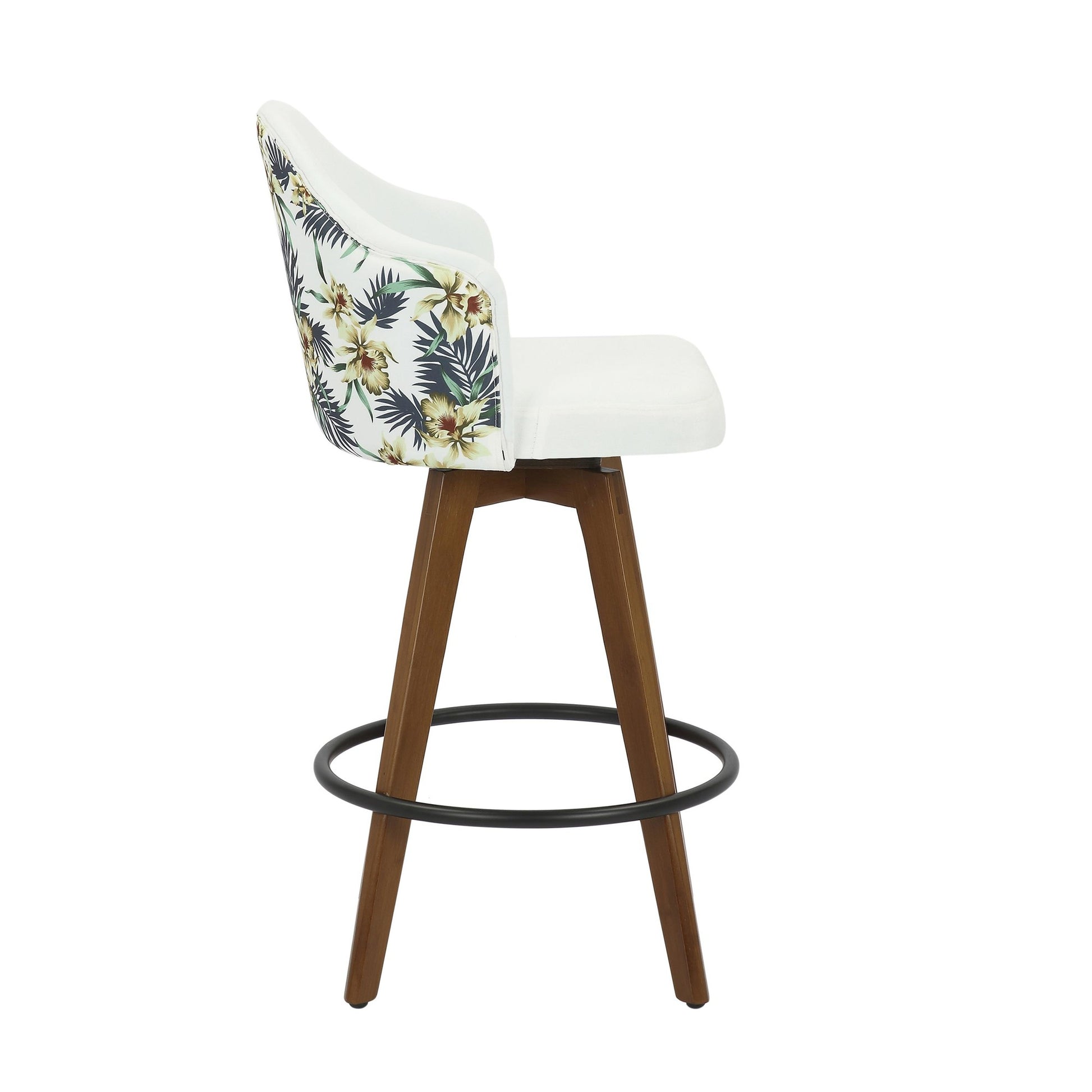 Ahoy Mid-Century Counter Stool in Walnut and White Fabric with Floral Design By LumiSource | Counter Stools | Modishstore - 7