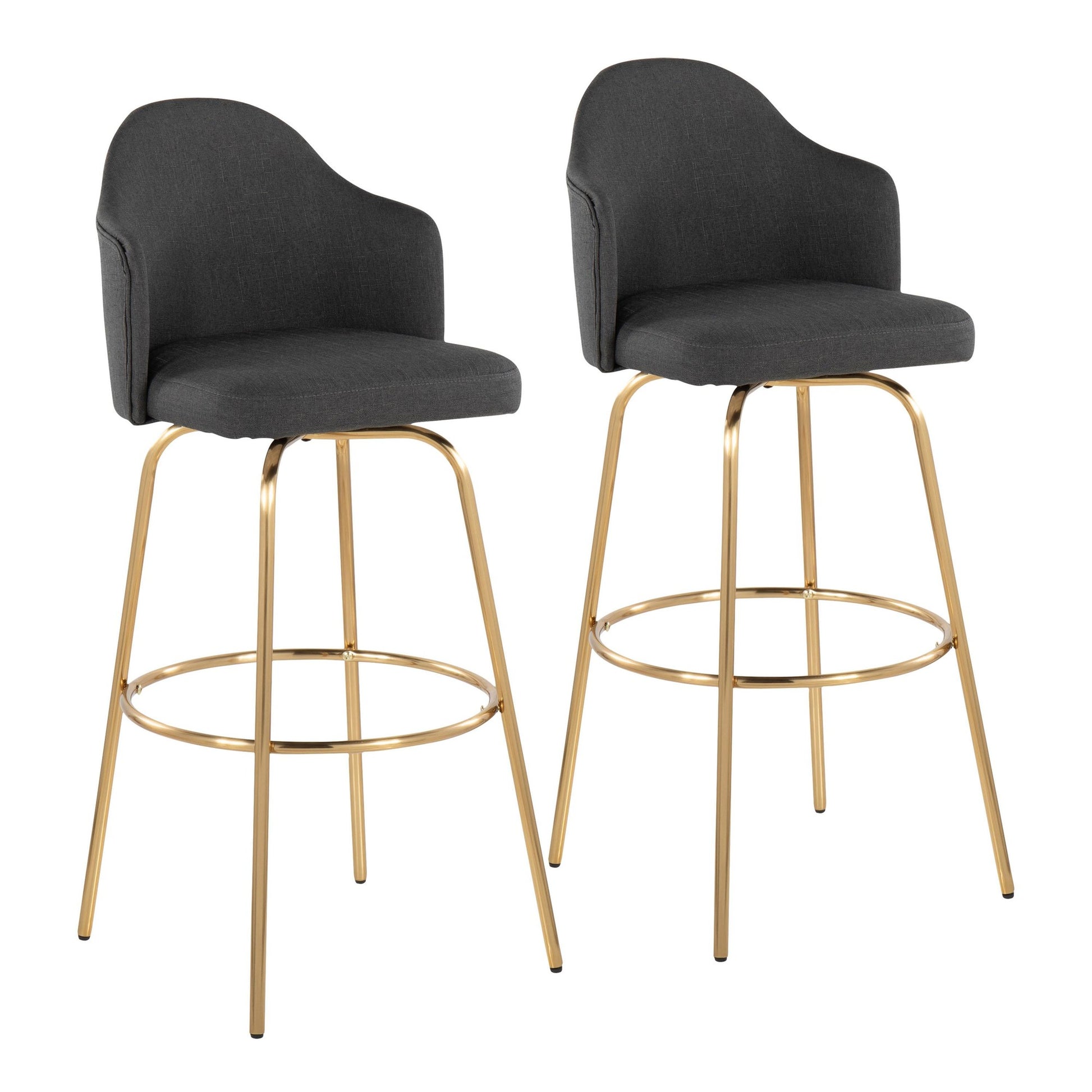 Ahoy Contemporary Fixed-Height Bar Stool with Gold Metal Legs and Round Gold Metal Footrest with Charcoal Fabric Seat By LumiSource - Set of 2 | Bar Stools | Modishstore