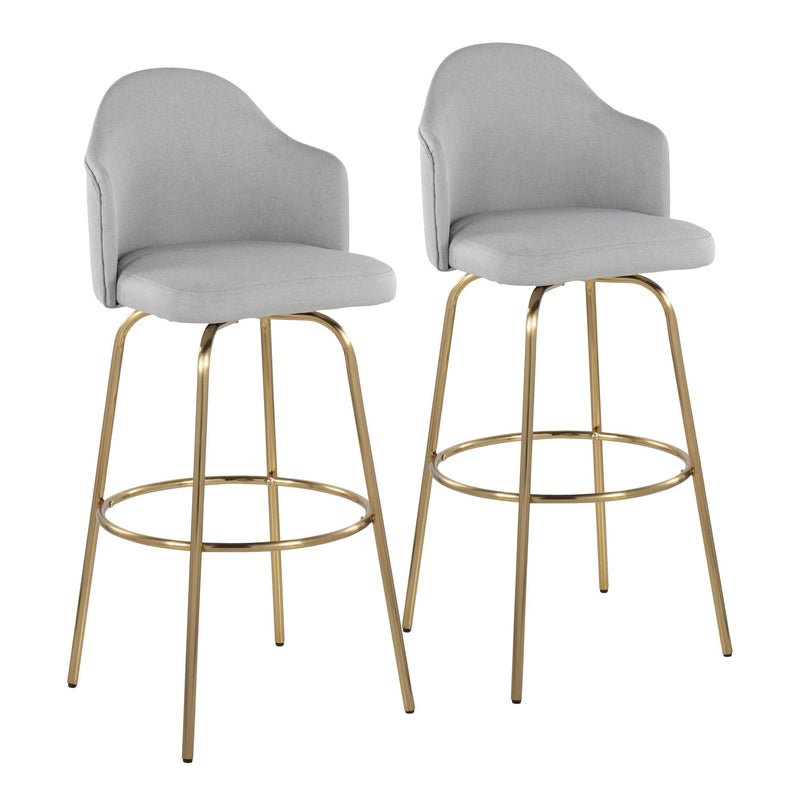 Ahoy Contemporary Fixed-Height Bar Stool with Gold Metal Legs and Round Gold Metal Footrest with Light Grey Fabric Seat By LumiSource - Set of 2 | Bar Stools | Modishstore