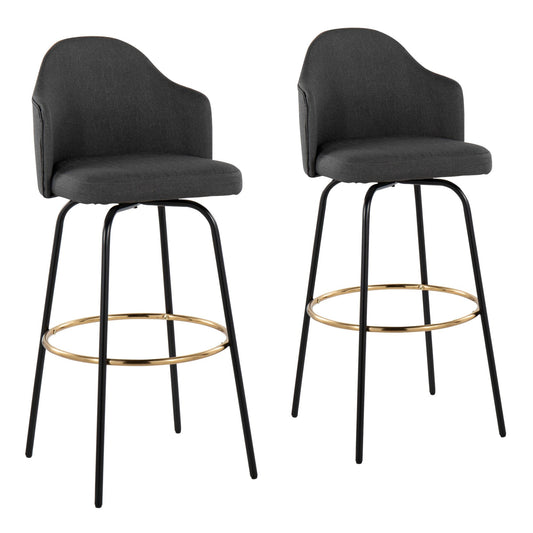 Ahoy Contemporary Fixed-Height Bar Stool with Black Metal Legs and Round Gold Metal Footrest with Charcoal Fabric Seat By LumiSource - Set of 2 | Bar Stools | Modishstore