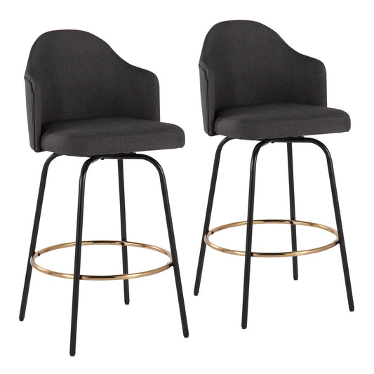 Ahoy Contemporary Fixed-Height Counter Stool with Black Metal Legs and Round Gold Metal Footrest with Charcoal Fabric Seat By LumiSource - Set of 2 | Counter Stools | Modishstore