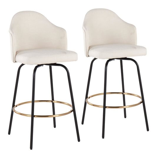 Ahoy Contemporary Fixed-Height Counter Stool with Black Metal Legs and Round Gold Metal Footrest with Cream Fabric Seat By LumiSource - Set of 2 | Counter Stools | Modishstore