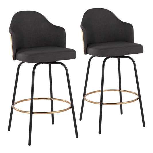 Ahoy Contemporary Fixed-Height Counter Stool with Black Metal Legs and Round Gold Metal Footrest with Charcoal Fabric Seat and Natural Bamboo Back By LumiSource - Set of 2 | Counter Stools | Modishstore