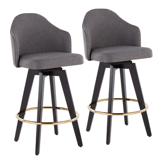 Ahoy Contemporary 26" Fixed-Height Counter Stool with Black Wood Legs and Round Gold Metal Footrest with Grey Fabric Seat By LumiSource - Set of 2 | Counter Stools | Modishstore