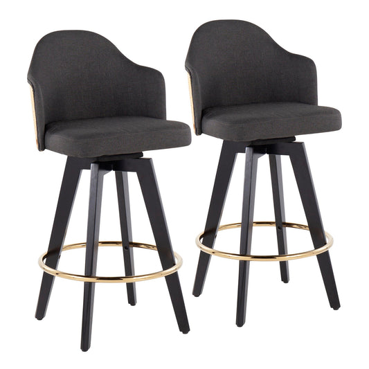 Ahoy Contemporary 26" Fixed-Height Counter Stool with Black Wood Legs and Round Gold Metal Footrest with Charcoal Fabric Seat and Natural Bamboo Back By LumiSource - Set of 2 | Counter Stools | Modishstore