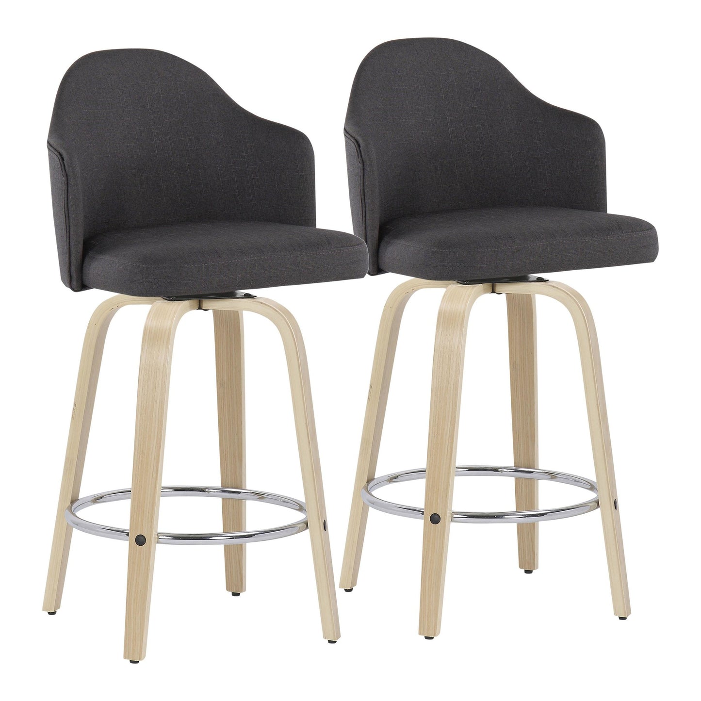 Ahoy Mid-Century Modern Fixed-Height Counter Stool with Natural Wood Legs and Round Chrome Footrest with Charcoal Fabric By LumiSource - Set of 2 | Counter Stools | Modishstore - 2