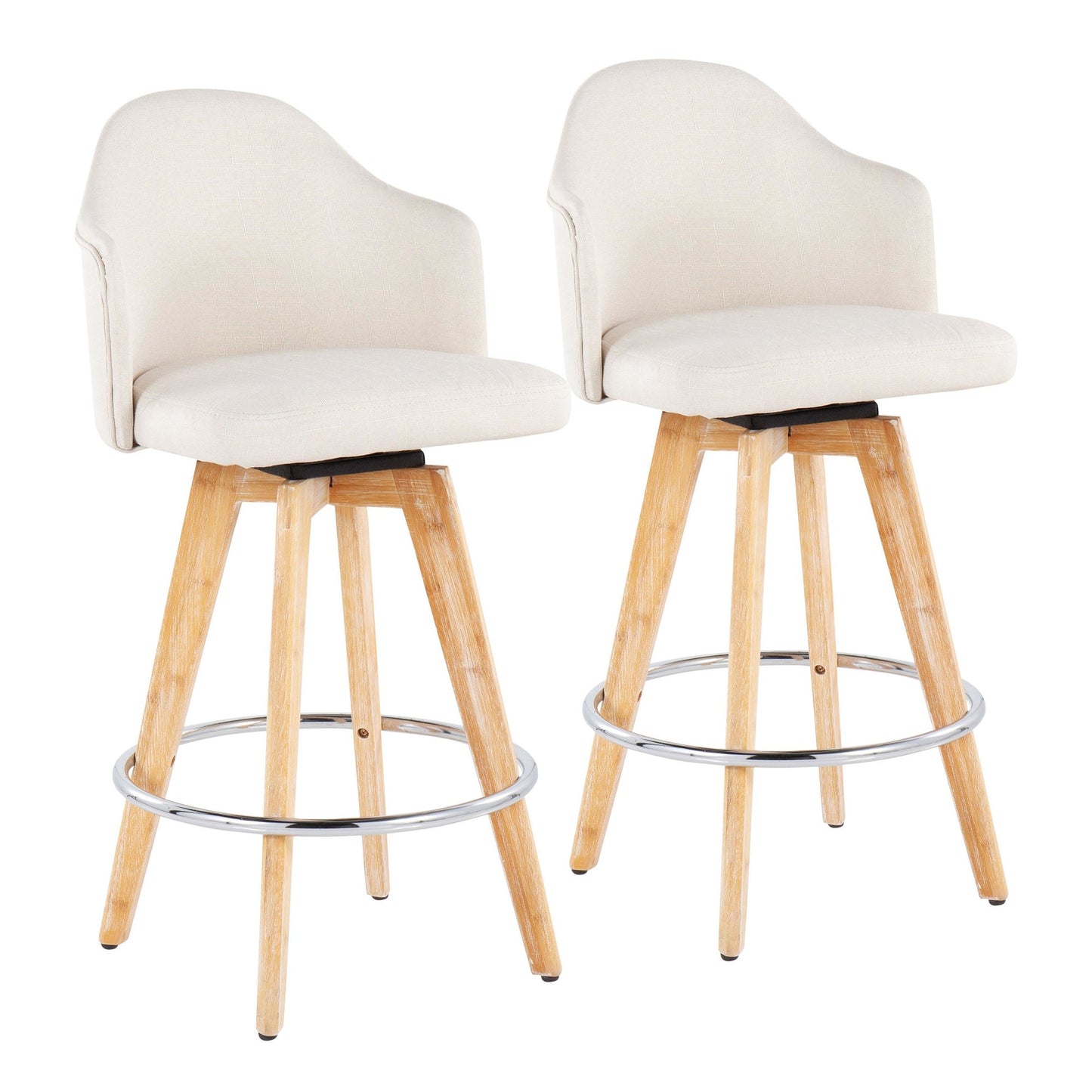Ahoy Contemporary Fixed-Height Counter Stool with Natural Bamboo Legs and Round Chrome Metal Footrest with Cream Fabric Seat By LumiSource - Set of 2 | Counter Stools | Modishstore