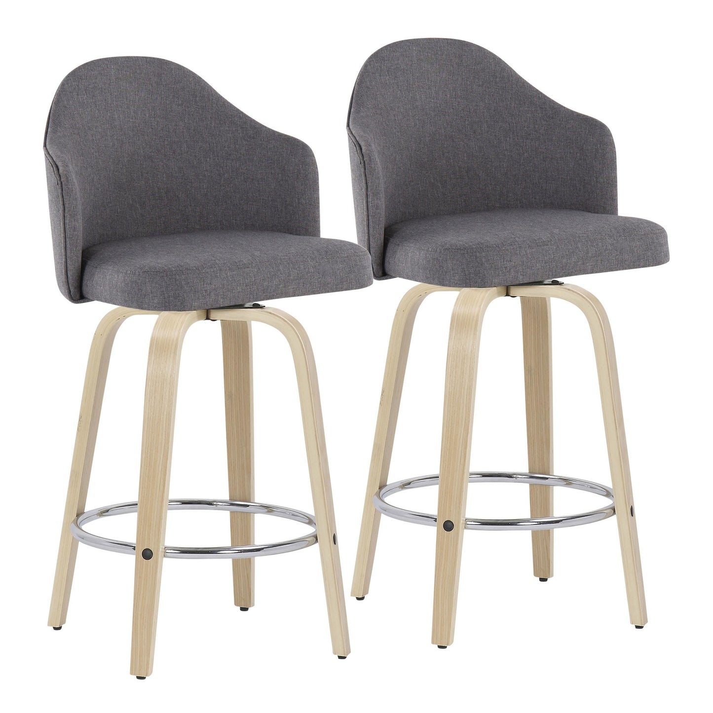 Ahoy Mid-Century Modern Fixed-Height Counter Stool with Natural Wood Legs and Round Chrome Footrest with Charcoal Fabric By LumiSource - Set of 2 | Counter Stools | Modishstore - 19
