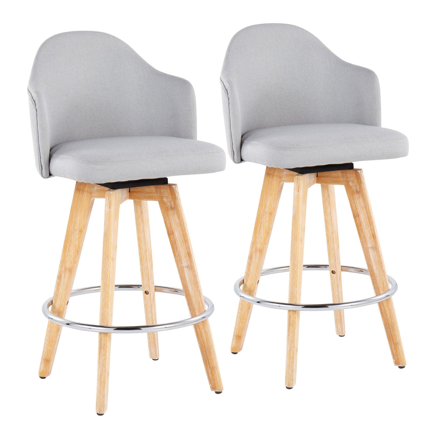 Ahoy Contemporary Fixed-Height Counter Stool with Natural Bamboo Legs and Round Chrome Metal Footrest with Light Grey Fabric Seat By LumiSource - Set of 2 | Counter Stools | Modishstore