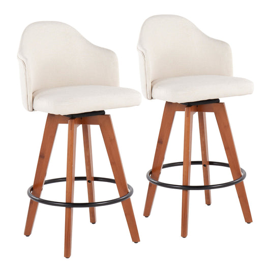 Ahoy Contemporary Fixed-Height Counter Stool with Walnut Bamboo Legs and Round Black Metal Footrest with Cream Fabric Seat By LumiSource - Set of 2 | Counter Stools | Modishstore