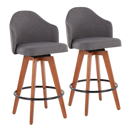 Ahoy Contemporary Fixed-Height Counter Stool with Walnut Bamboo Legs and Round Black Metal Footrest with Grey Fabric Seat By LumiSource - Set of 2 | Counter Stools | Modishstore