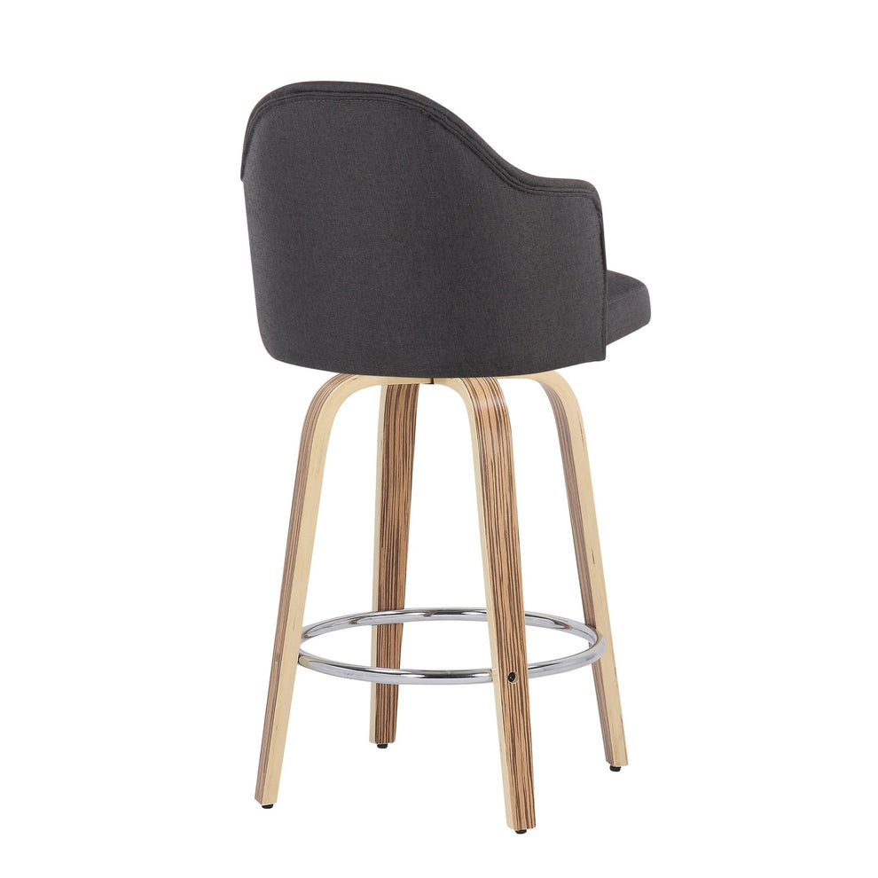 Ahoy Mid-Century Modern Fixed-Height Counter Stool with Zebra Wood Legs and Round Chrome Footrest with Charcoal Fabric By LumiSource - Set of 2 | Counter Stools | Modishstore - 8