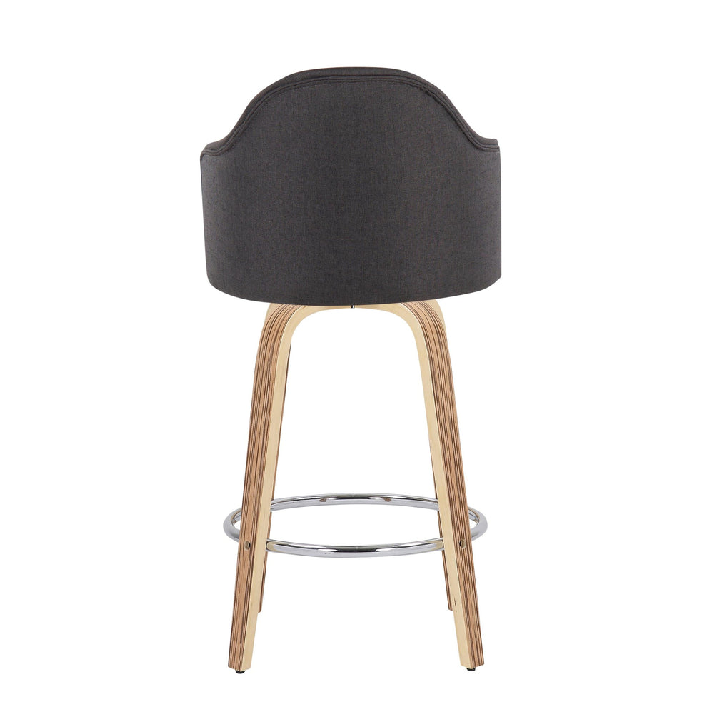 Ahoy Mid-Century Modern Fixed-Height Counter Stool with Zebra Wood Legs and Round Chrome Footrest with Charcoal Fabric By LumiSource - Set of 2 | Counter Stools | Modishstore - 9