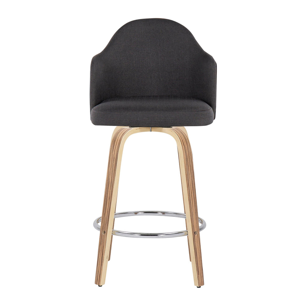 Ahoy Mid-Century Modern Fixed-Height Counter Stool with Zebra Wood Legs and Round Chrome Footrest with Charcoal Fabric By LumiSource - Set of 2 | Counter Stools | Modishstore - 3