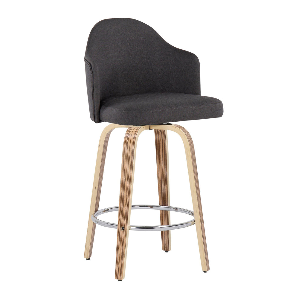 Ahoy Mid-Century Modern Fixed-Height Counter Stool with Zebra Wood Legs and Round Chrome Footrest with Charcoal Fabric By LumiSource - Set of 2 | Counter Stools | Modishstore - 6
