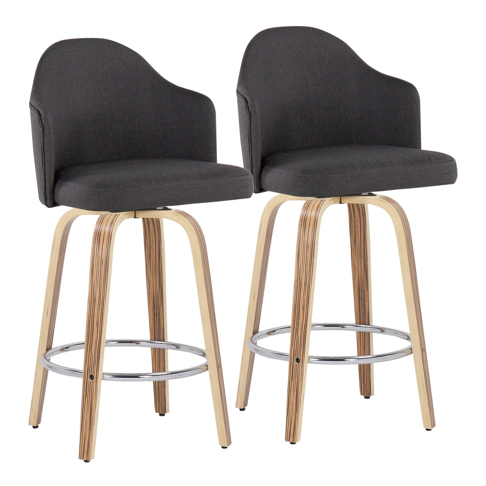 Ahoy Mid-Century Modern Fixed-Height Counter Stool with Zebra Wood Legs and Round Chrome Footrest with Charcoal Fabric By LumiSource - Set of 2 | Counter Stools | Modishstore - 2