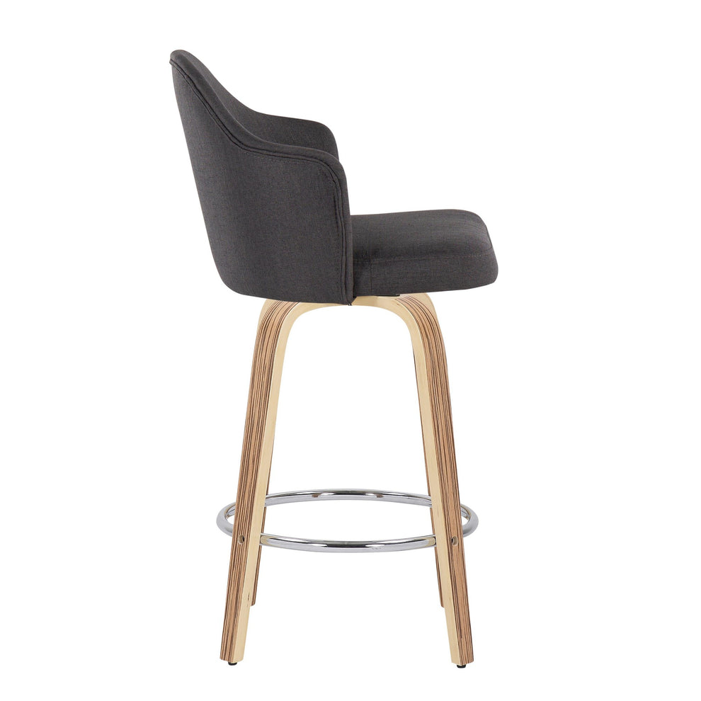 Ahoy Mid-Century Modern Fixed-Height Counter Stool with Zebra Wood Legs and Round Chrome Footrest with Charcoal Fabric By LumiSource - Set of 2 | Counter Stools | Modishstore - 7