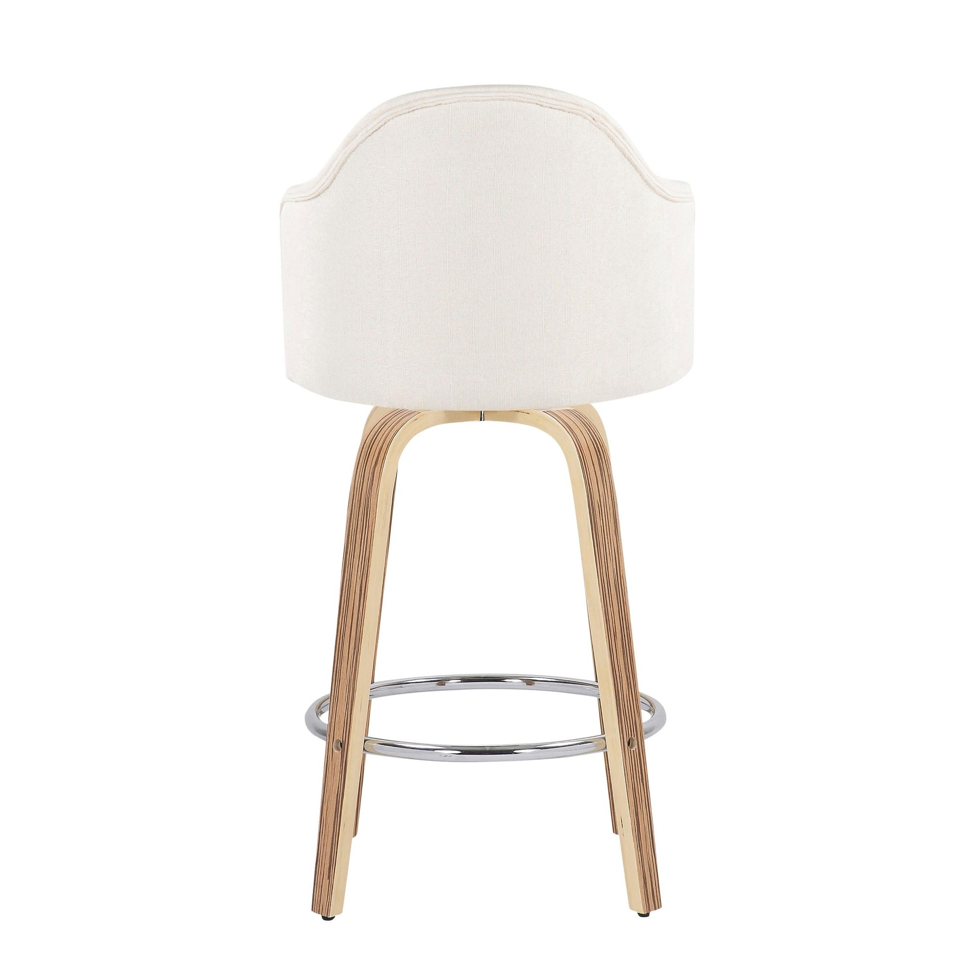 Ahoy Mid-Century Modern Fixed-Height Counter Stool with Zebra Wood Legs and Round Chrome Footrest with Cream Fabric By LumiSource - Set of 2 | Counter Stools | Modishstore - 9
