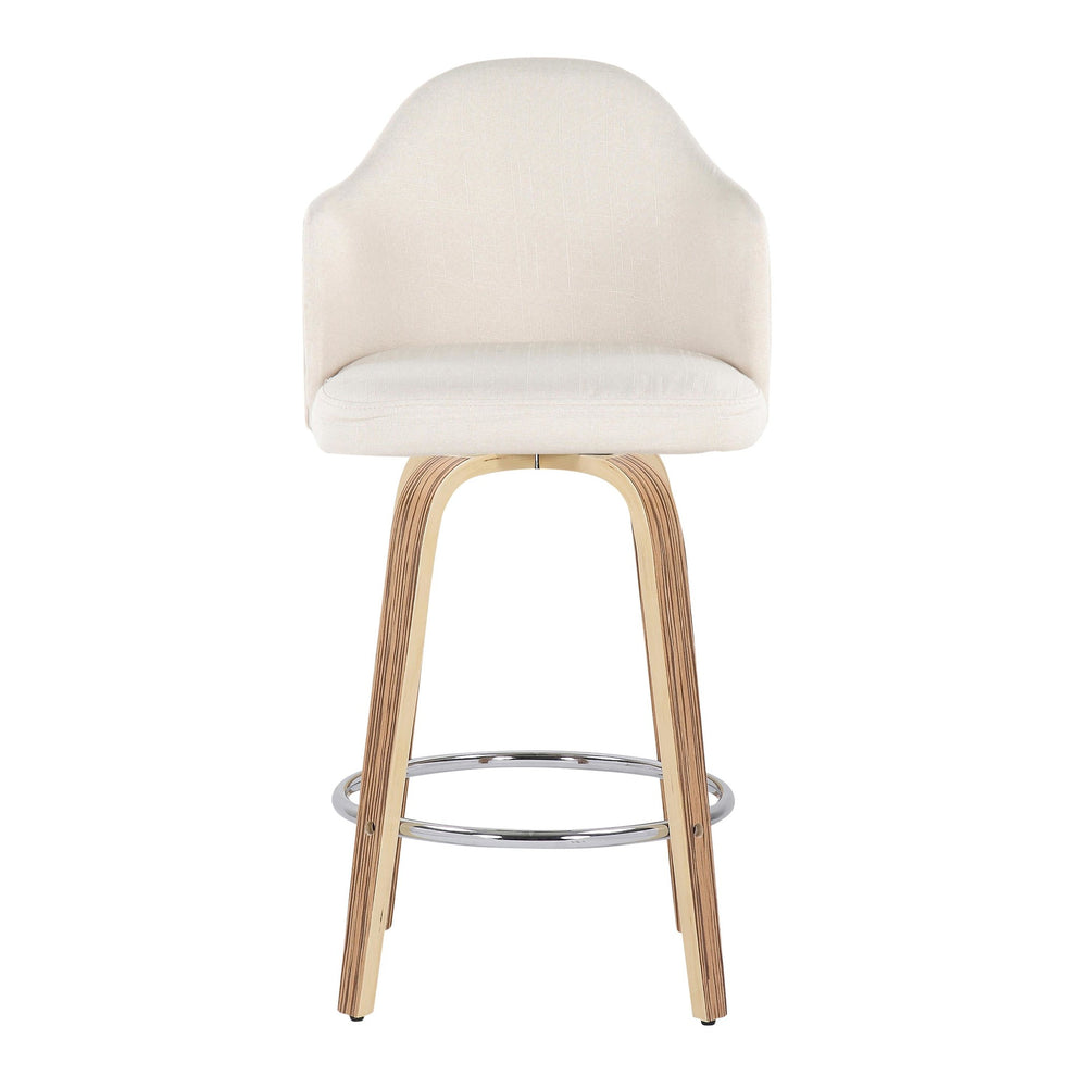 Ahoy Mid-Century Modern Fixed-Height Counter Stool with Zebra Wood Legs and Round Chrome Footrest with Cream Fabric By LumiSource - Set of 2 | Counter Stools | Modishstore - 2