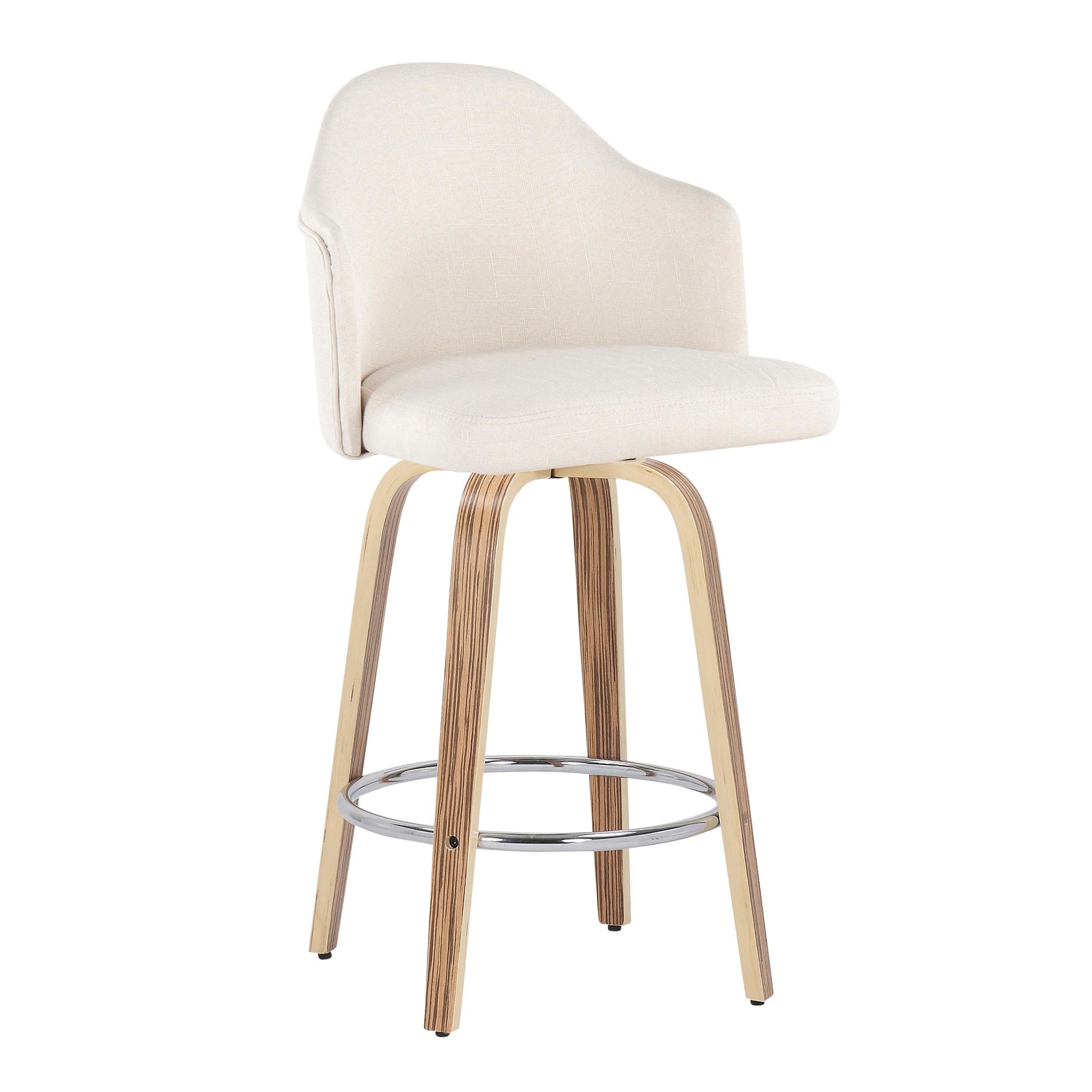 Ahoy Mid-Century Modern Fixed-Height Counter Stool with Zebra Wood Legs and Round Chrome Footrest with Cream Fabric By LumiSource - Set of 2 | Counter Stools | Modishstore - 6