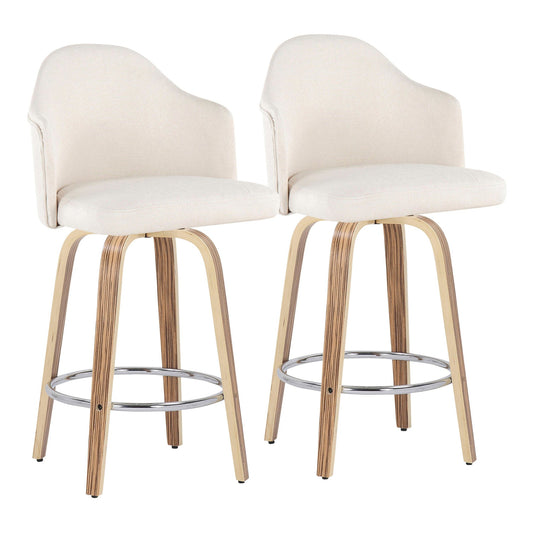 Ahoy Mid-Century Modern Fixed-Height Counter Stool with Zebra Wood Legs and Round Chrome Footrest with Cream Fabric By LumiSource - Set of 2 | Counter Stools | Modishstore
