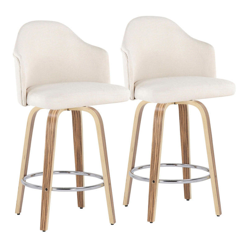 Ahoy Mid-Century Modern Fixed-Height Counter Stool with Zebra Wood Legs and Round Chrome Footrest with Cream Fabric By LumiSource - Set of 2 | Counter Stools | Modishstore