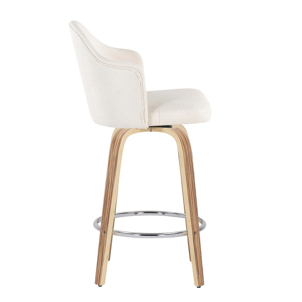 Ahoy Mid-Century Modern Fixed-Height Counter Stool with Zebra Wood Legs and Round Chrome Footrest with Cream Fabric By LumiSource - Set of 2 | Counter Stools | Modishstore - 7