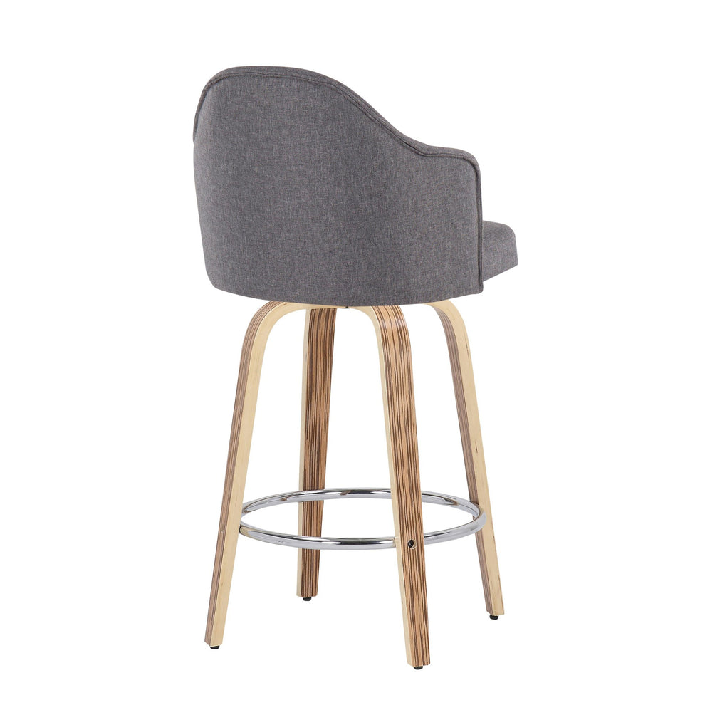 Ahoy Mid-Century Modern Fixed-Height Counter Stool with Zebra Wood Legs and Round Chrome Footrest with Cream Fabric By LumiSource - Set of 2 | Counter Stools | Modishstore - 17