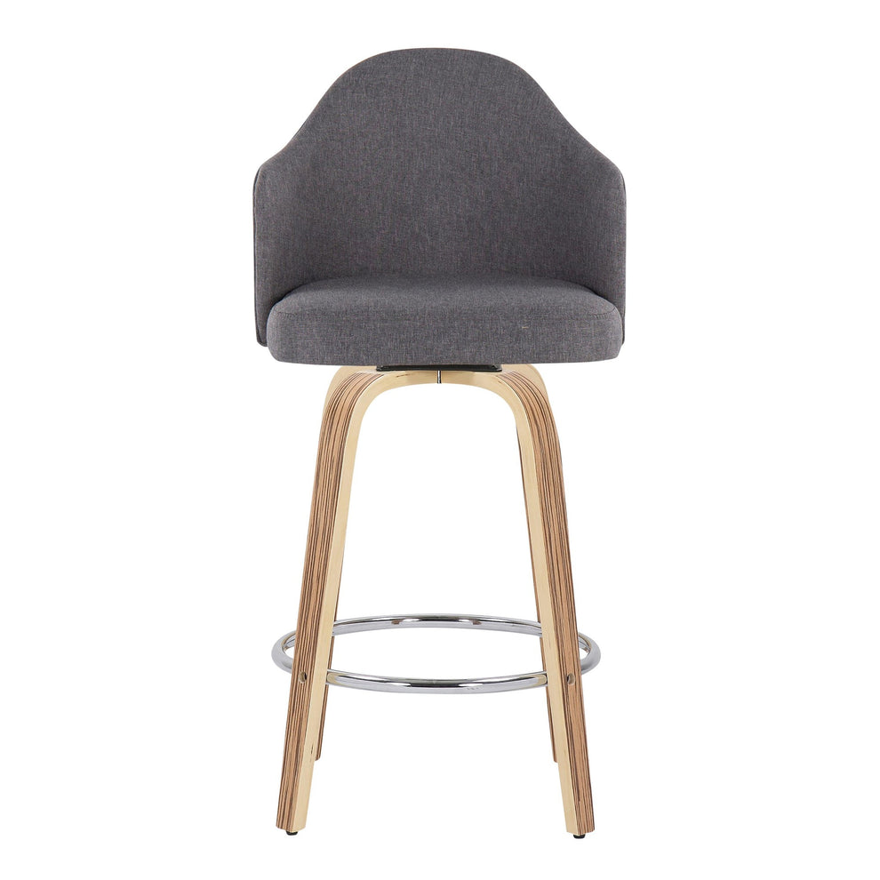 Ahoy Mid-Century Modern Fixed-Height Counter Stool with Zebra Wood Legs and Round Chrome Footrest with Cream Fabric By LumiSource - Set of 2 | Counter Stools | Modishstore - 11