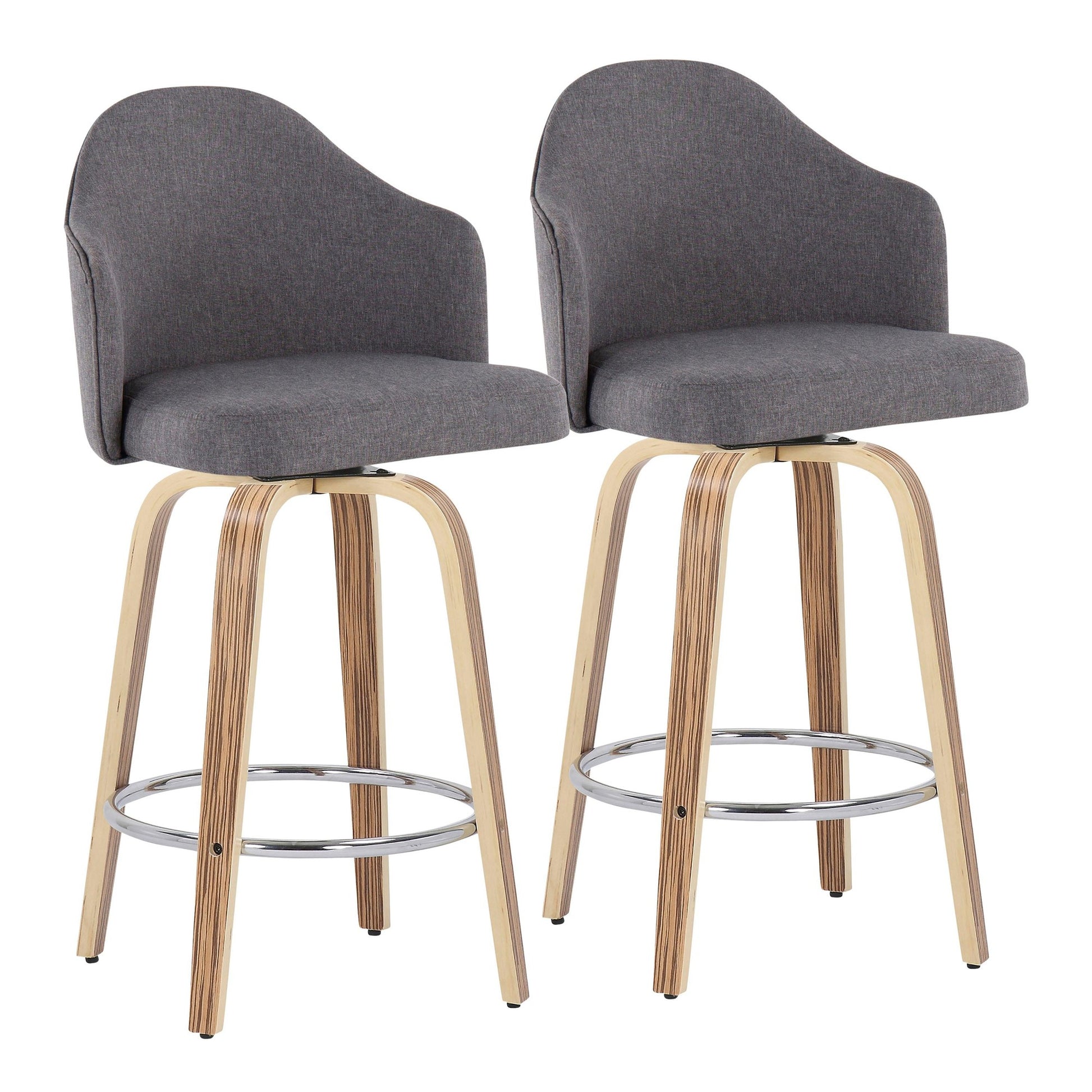 Ahoy Mid-Century Modern Fixed-Height Counter Stool with Zebra Wood Legs and Round Chrome Footrest with Cream Fabric By LumiSource - Set of 2 | Counter Stools | Modishstore - 10
