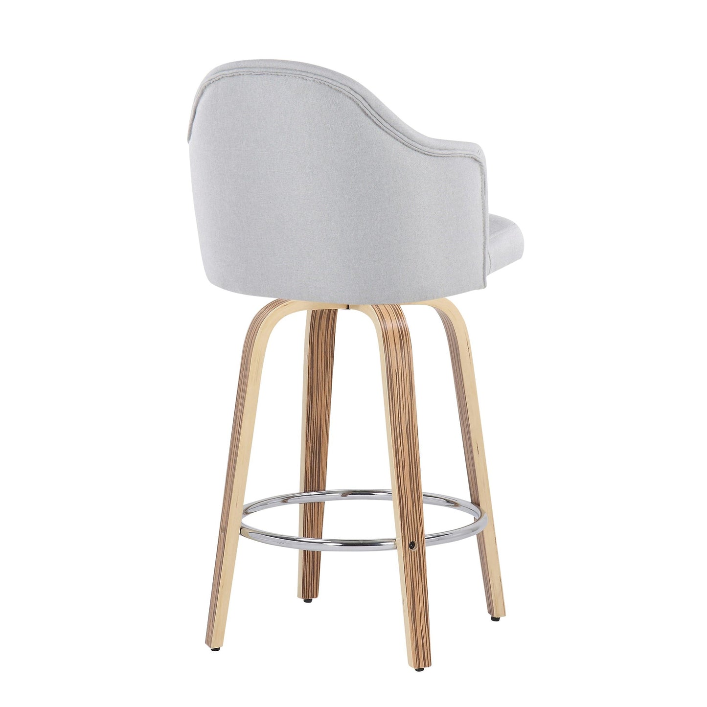Ahoy Mid-Century Modern Fixed-Height Counter Stool with Zebra Wood Legs and Round Chrome Footrest with Light Grey Fabric By LumiSource - Set of 2 | Counter Stools | Modishstore - 8
