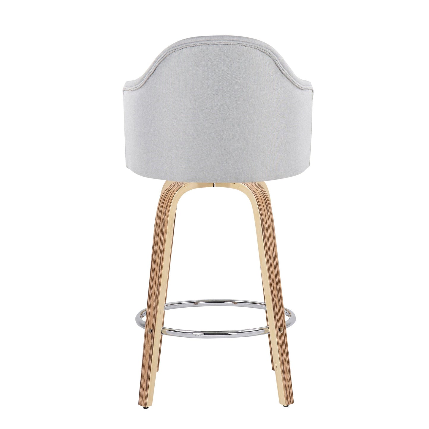 Ahoy Mid-Century Modern Fixed-Height Counter Stool with Zebra Wood Legs and Round Chrome Footrest with Light Grey Fabric By LumiSource - Set of 2 | Counter Stools | Modishstore - 9
