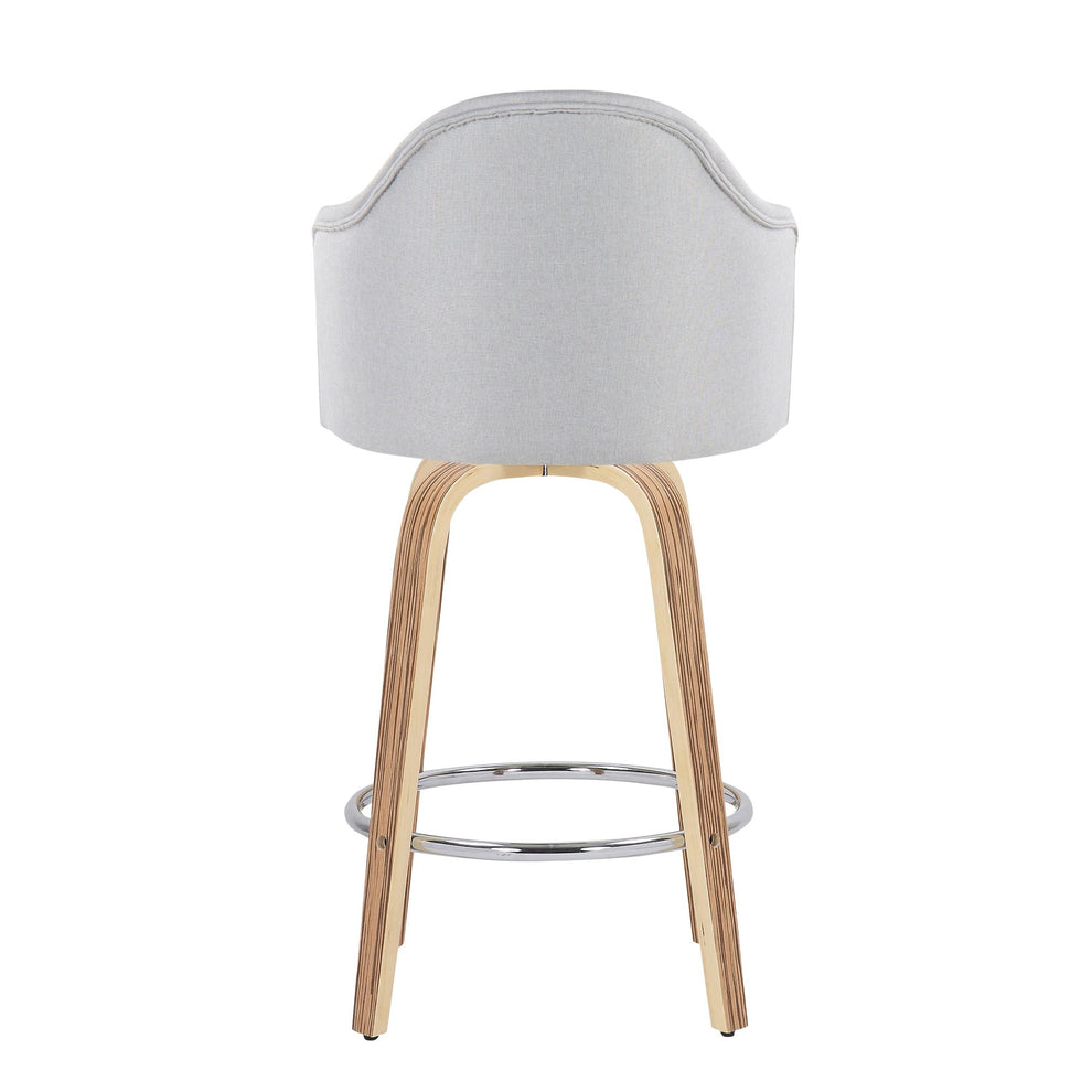 Ahoy Mid-Century Modern Fixed-Height Counter Stool with Zebra Wood Legs and Round Chrome Footrest with Light Grey Fabric By LumiSource - Set of 2 | Counter Stools | Modishstore - 9