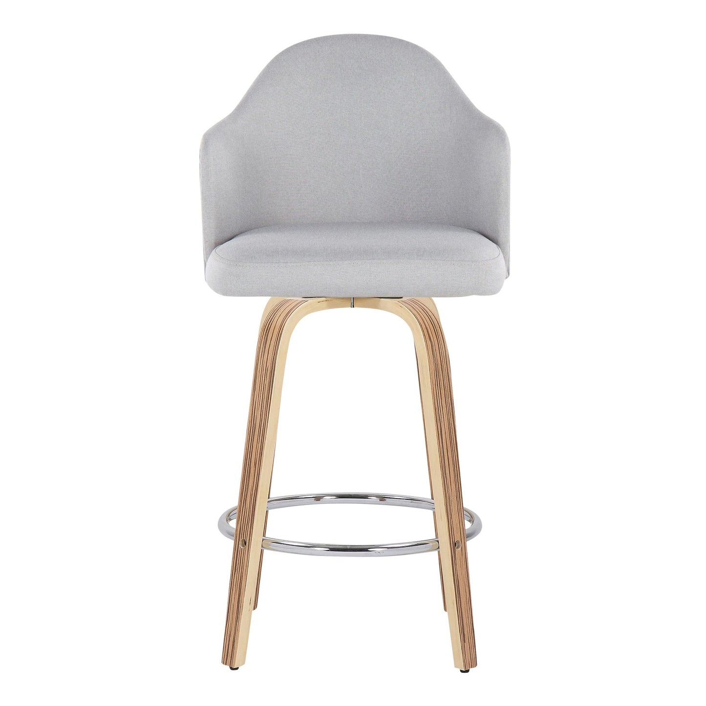 Ahoy Mid-Century Modern Fixed-Height Counter Stool with Zebra Wood Legs and Round Chrome Footrest with Light Grey Fabric By LumiSource - Set of 2 | Counter Stools | Modishstore - 3