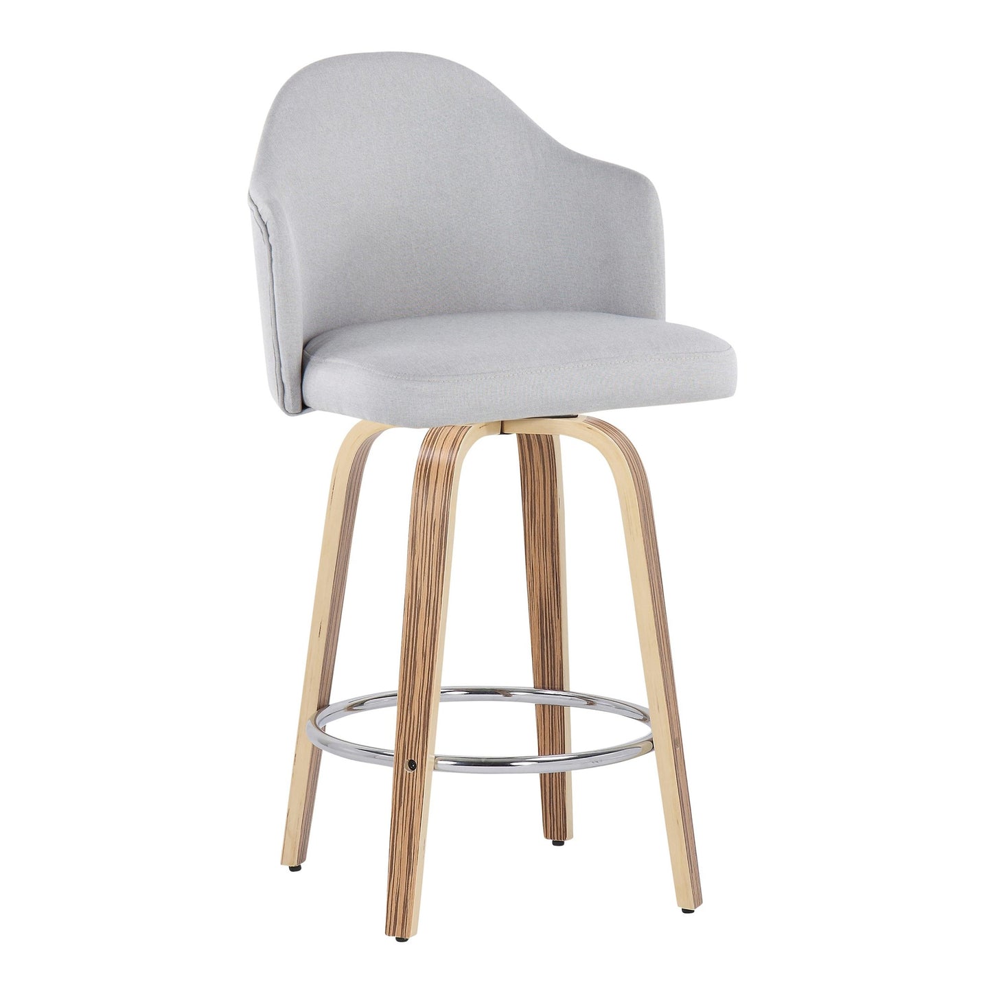 Ahoy Mid-Century Modern Fixed-Height Counter Stool with Zebra Wood Legs and Round Chrome Footrest with Light Grey Fabric By LumiSource - Set of 2 | Counter Stools | Modishstore - 6