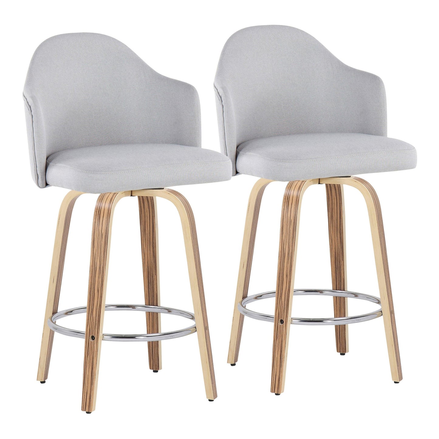 Ahoy Mid-Century Modern Fixed-Height Counter Stool with Zebra Wood Legs and Round Chrome Footrest with Light Grey Fabric By LumiSource - Set of 2 | Counter Stools | Modishstore - 2