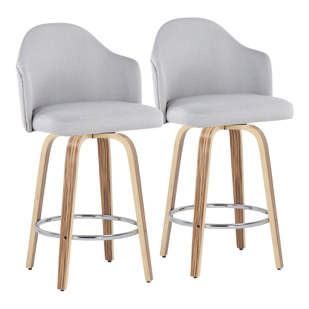 Ahoy Mid-Century Modern Fixed-Height Counter Stool with Zebra Wood Legs and Round Chrome Footrest with Light Grey Fabric By LumiSource - Set of 2 | Counter Stools | Modishstore - 2