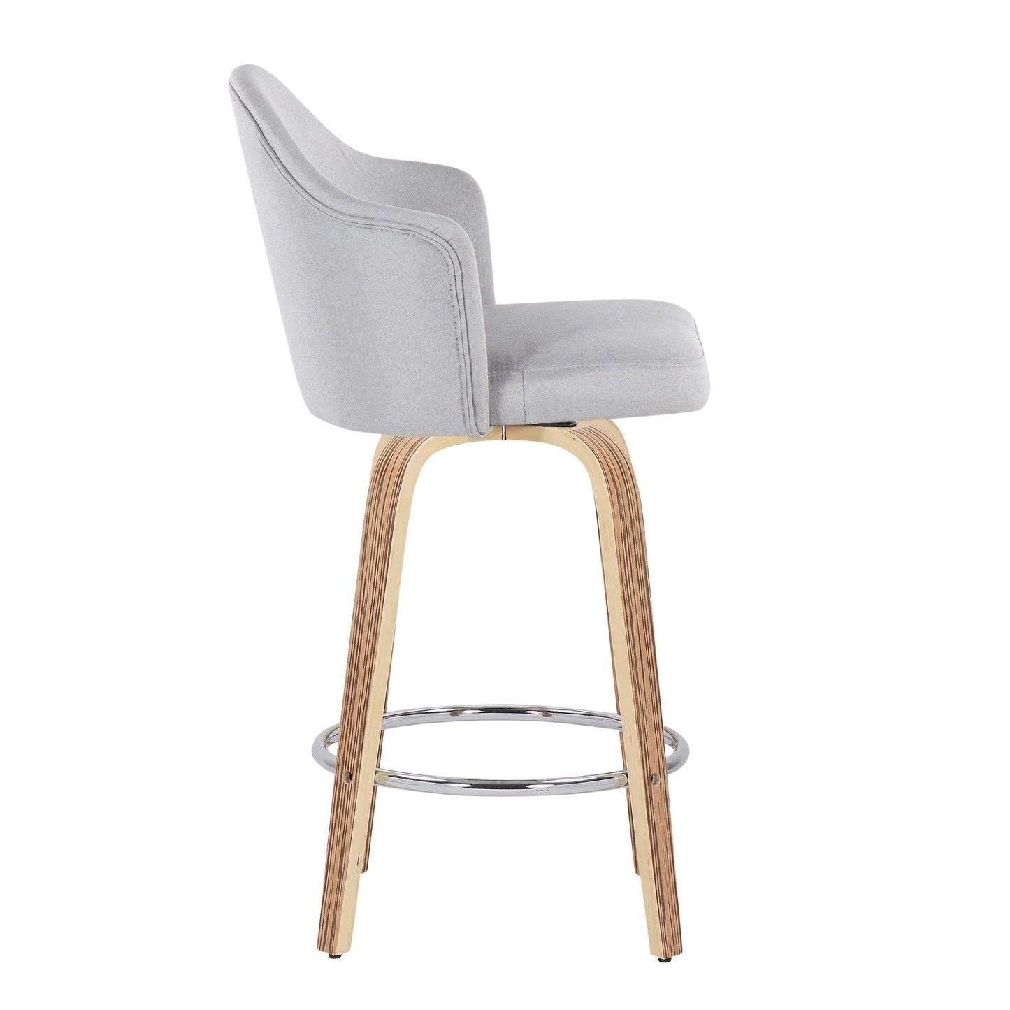 Ahoy Mid-Century Modern Fixed-Height Counter Stool with Zebra Wood Legs and Round Chrome Footrest with Light Grey Fabric By LumiSource - Set of 2 | Counter Stools | Modishstore - 7