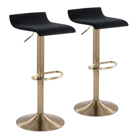 Ale Contemporary Adjustable Height Barstool with Swivel in Gold Brushed Metal and Black Velvet with Oval Footrest By LumiSource - Set of 2 | Bar Stools | Modishstore
