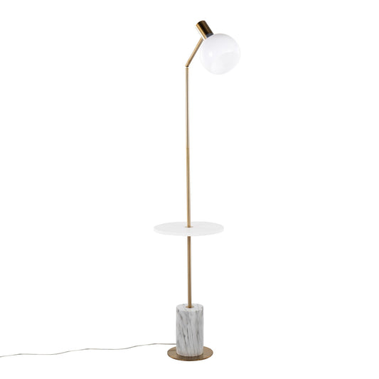 Ana Glam Floor Lamp in Gold Metal with White Marble Base, White Wood Shelf, and White Plastic Shade By LumiSource | Floor Lamps | Modishstore
