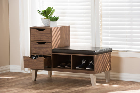Baxton Studio Arielle Modern and Contemporary Walnut Brown Wood 3-Drawer Shoe Storage Padded Leatherette Seating Bench with Two Open Shelves | Modishstore | Drawers