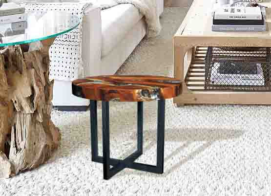 Round Teak & Resin Infused Accent Side Table Brown/Ochre/White  by Aire Furniture | Resin Side Tables | Modishstore - 4