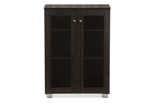 Baxton Studio Mason Modern and Contemporary Dark Brown Multipurpose Storage Cabinet Sideboard with Two Class Doors | Modishstore | Cabinets