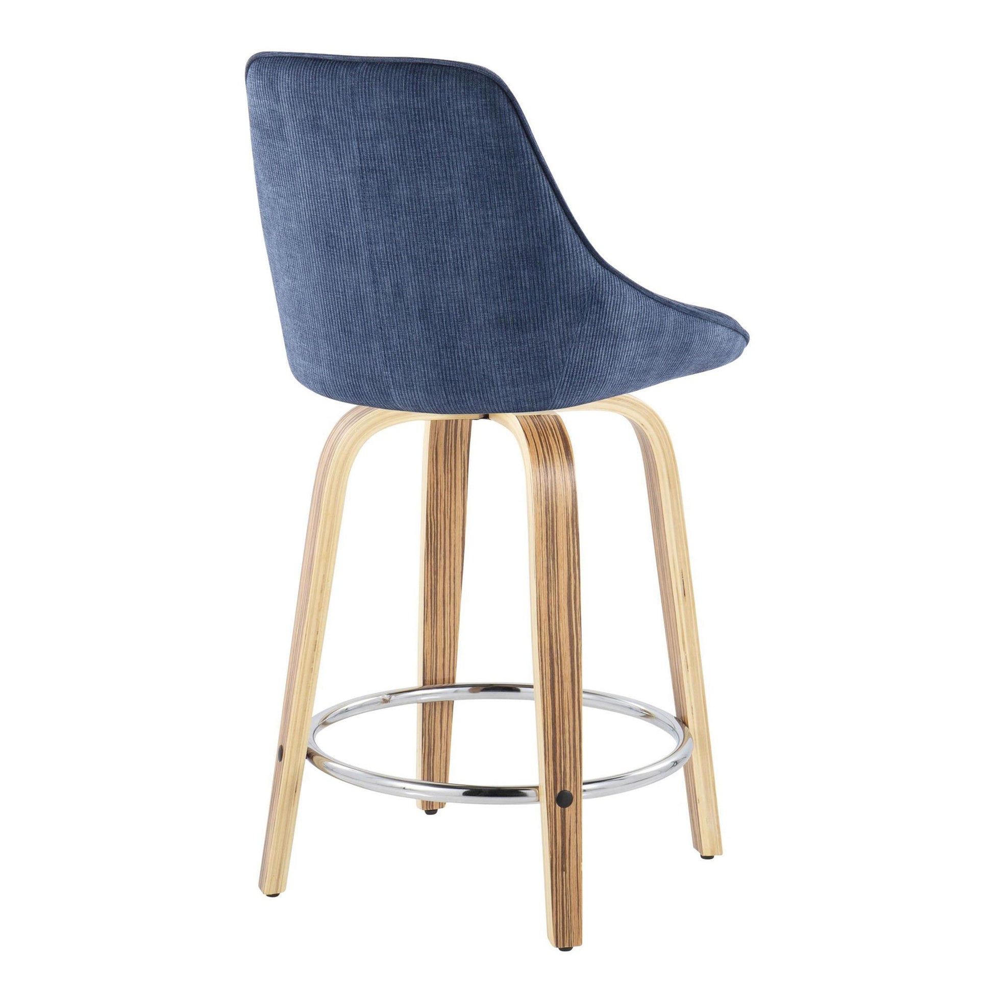 Diana 24" Contemporary Fixed-Height Counter Stool with Swivel in Zebra Wood and Blue Corduroy Fabric with Round Chrome Footrest By LumiSource - Set of 2 | Counter Stools | Modishstore - 7