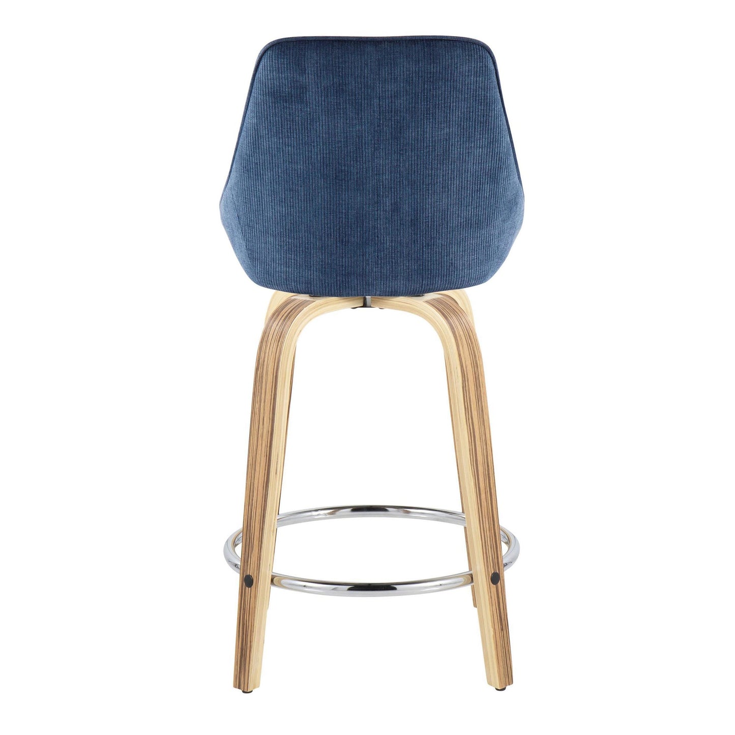 Diana 24" Contemporary Fixed-Height Counter Stool with Swivel in Zebra Wood and Blue Corduroy Fabric with Round Chrome Footrest By LumiSource - Set of 2 | Counter Stools | Modishstore - 8