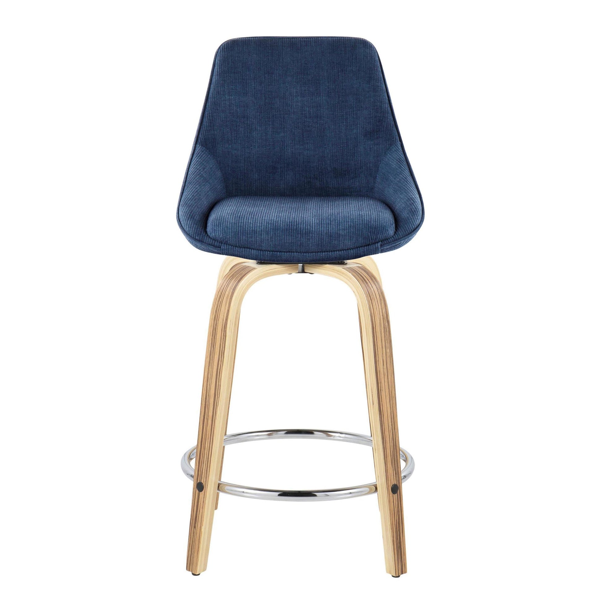 Diana 24" Contemporary Fixed-Height Counter Stool with Swivel in Zebra Wood and Blue Corduroy Fabric with Round Chrome Footrest By LumiSource - Set of 2 | Counter Stools | Modishstore - 3