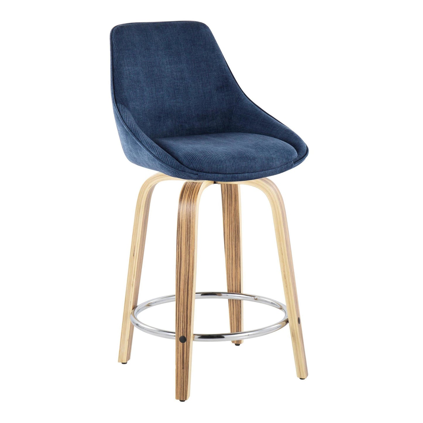 Diana 24" Contemporary Fixed-Height Counter Stool with Swivel in Zebra Wood and Blue Corduroy Fabric with Round Chrome Footrest By LumiSource - Set of 2 | Counter Stools | Modishstore - 5